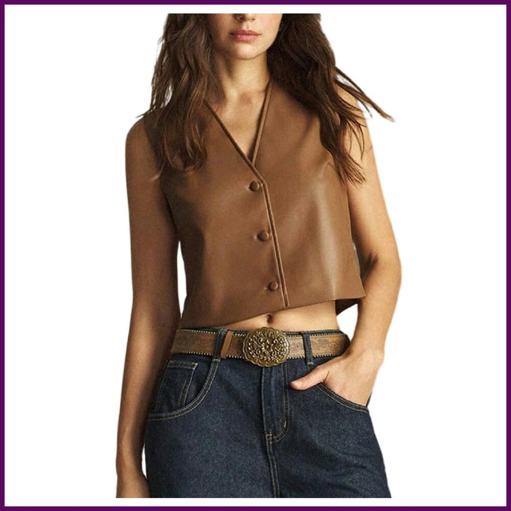 PU Leather Button Up Vest Crop Top Sleeveless Waistcoat - Picture 1 of 6